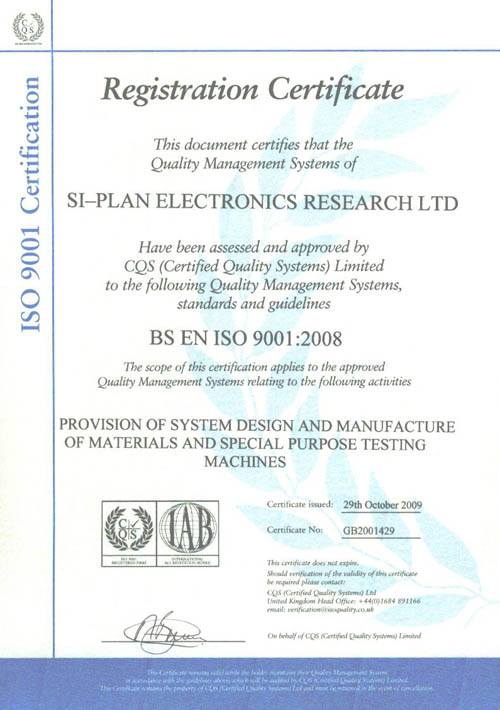 Si-Plan Electronics Research Ltd operates a certified ISO 9001:2008 quality system